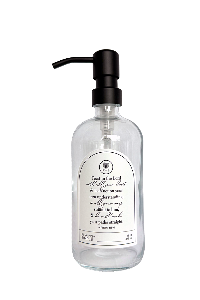 Clear glass Trust multipurpose Gratitude Bottle with black pump.