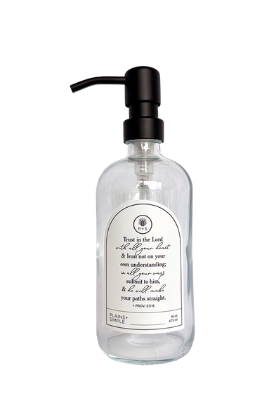 Clear glass Trust multipurpose Gratitude Bottle with black pump.