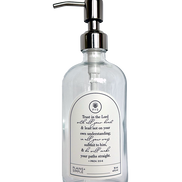 Clear glass Trust multipurpose Gratitude Bottle with silver pump.