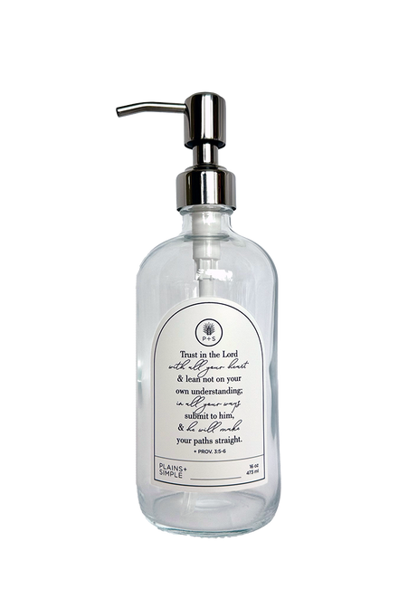 Clear glass Trust multipurpose Gratitude Bottle with silver pump.