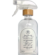 Clear glass Trust multipurpose Gratitude Bottle with spray pump.