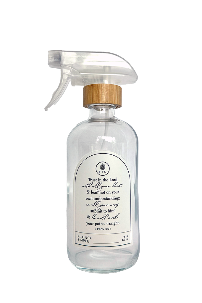 Clear glass Trust multipurpose Gratitude Bottle with spray pump.