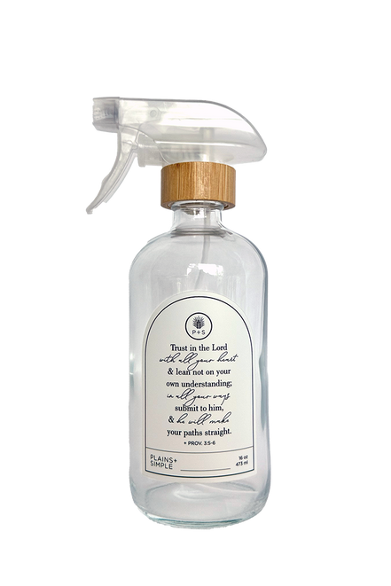 Clear glass Trust multipurpose Gratitude Bottle with spray pump.