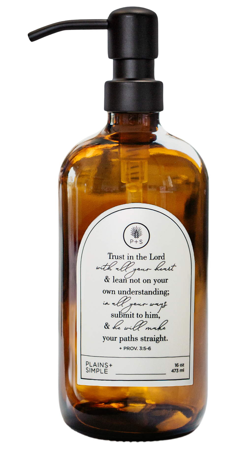 Amber glass Trust multipurpose Gratitude Bottle with black pump.