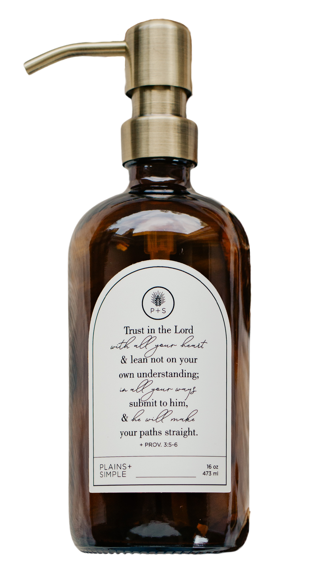 Amber glass Trust multipurpose Gratitude Bottle with gold pump.