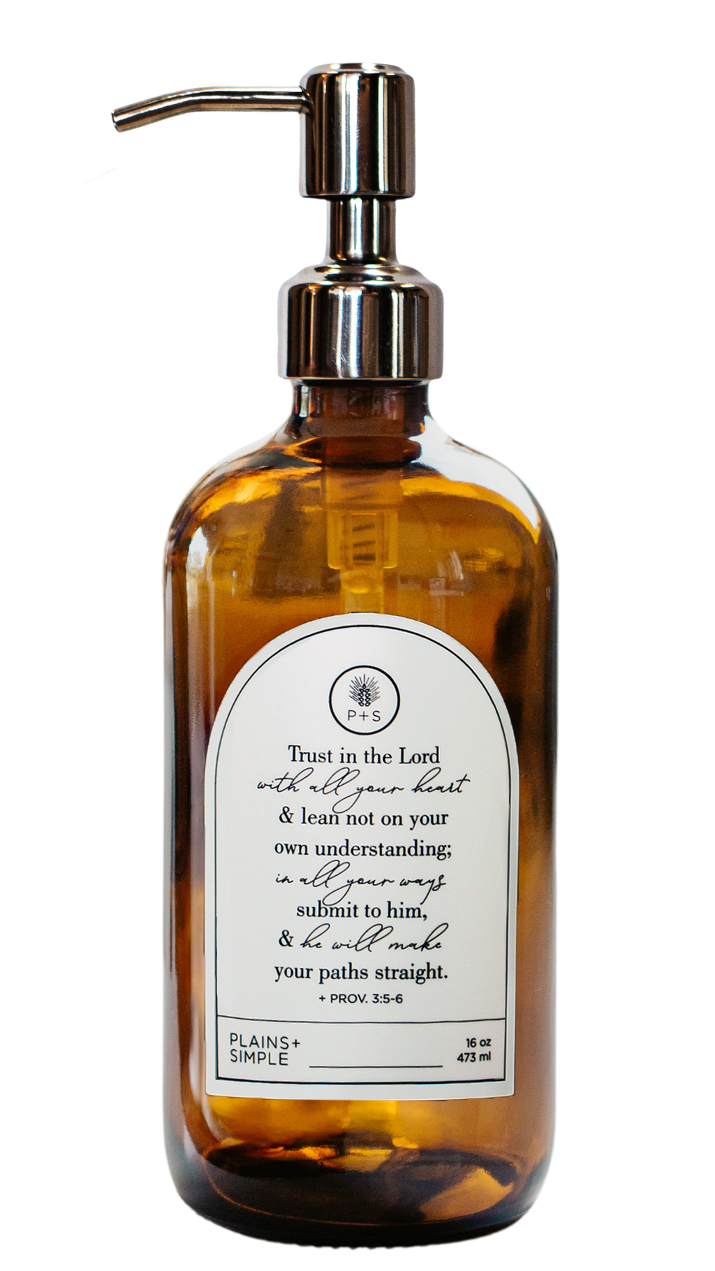 Amber glass Trust multipurpose Gratitude Bottle with silver pump.