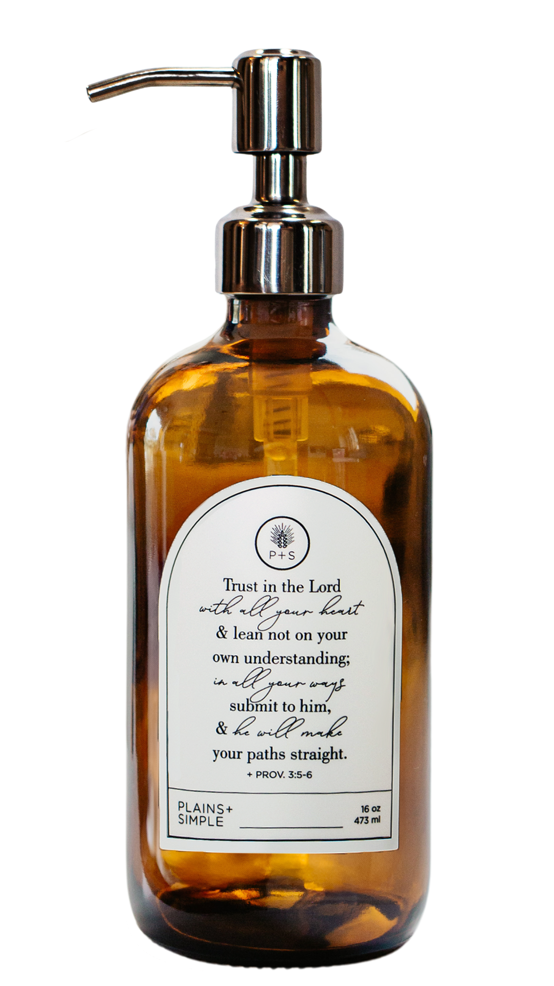 Amber glass Trust multipurpose Gratitude Bottle with silver pump.