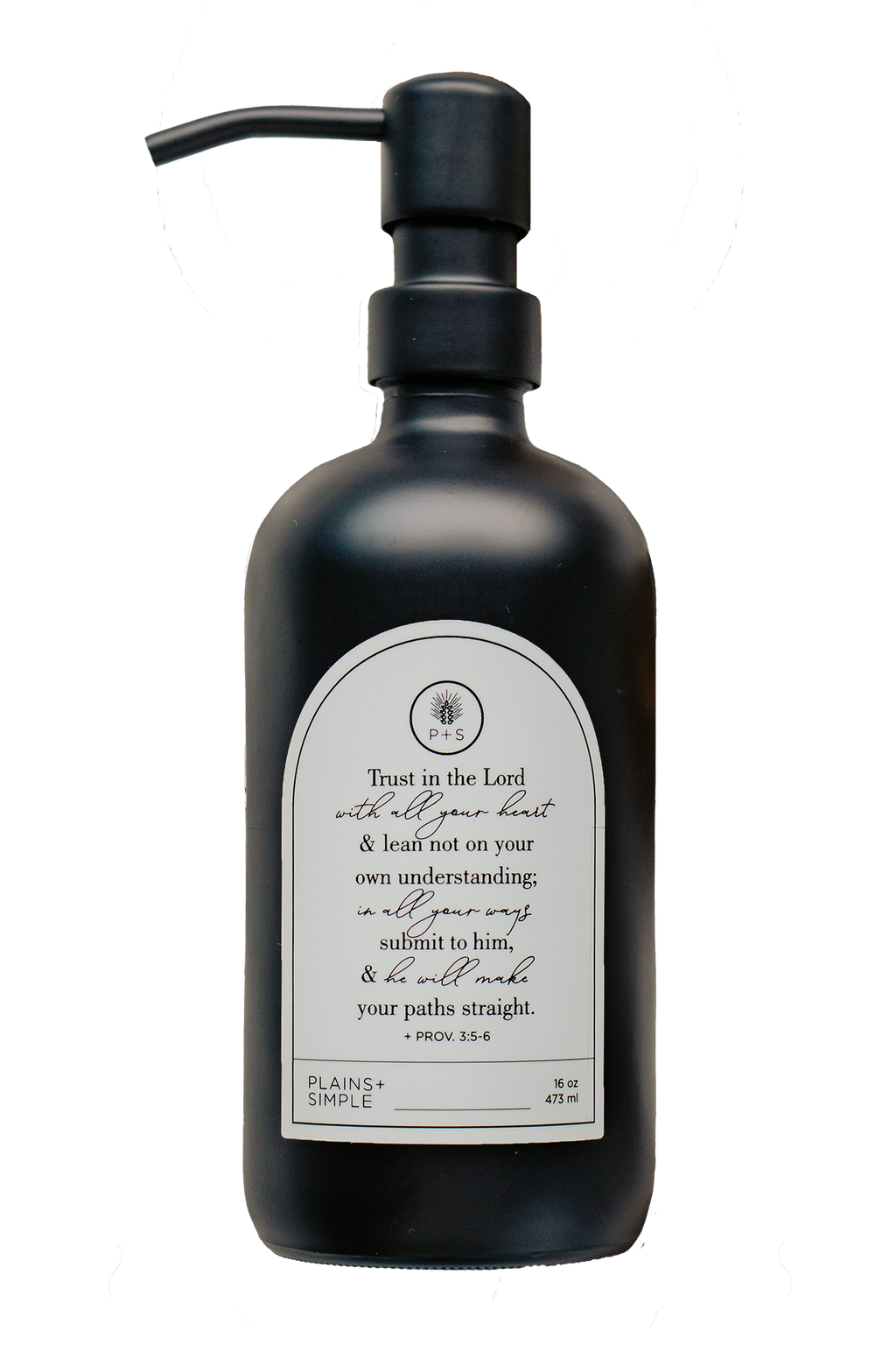 Black glass Trust multipurpose Gratitude Bottle with black pump.