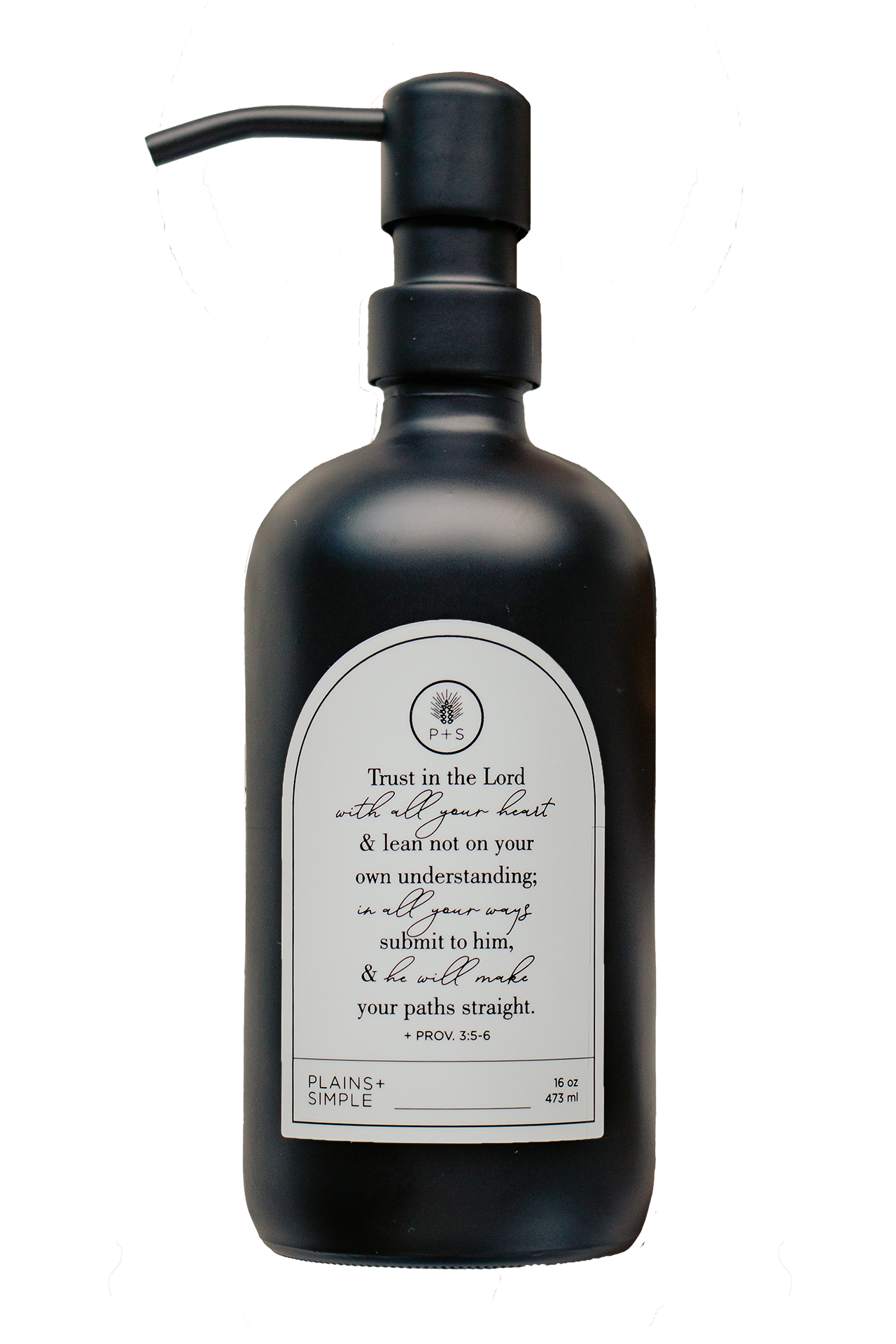Black glass Trust multipurpose Gratitude Bottle with black pump.