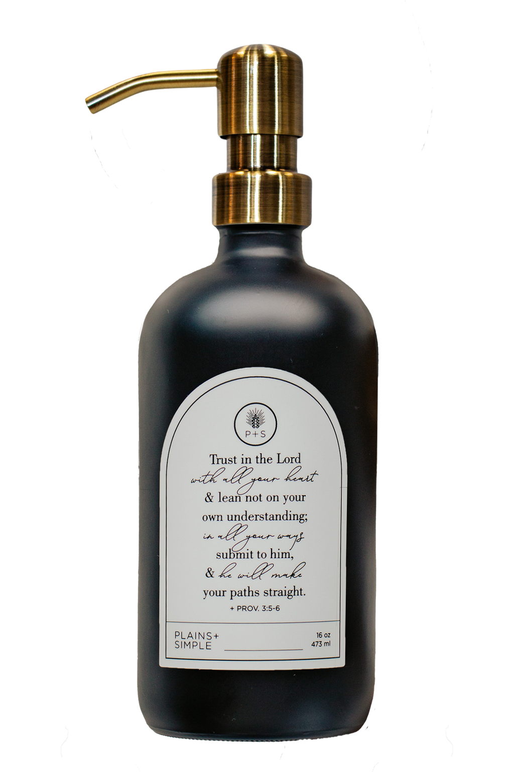 Black glass Trust multipurpose Gratitude Bottle with gold pump.