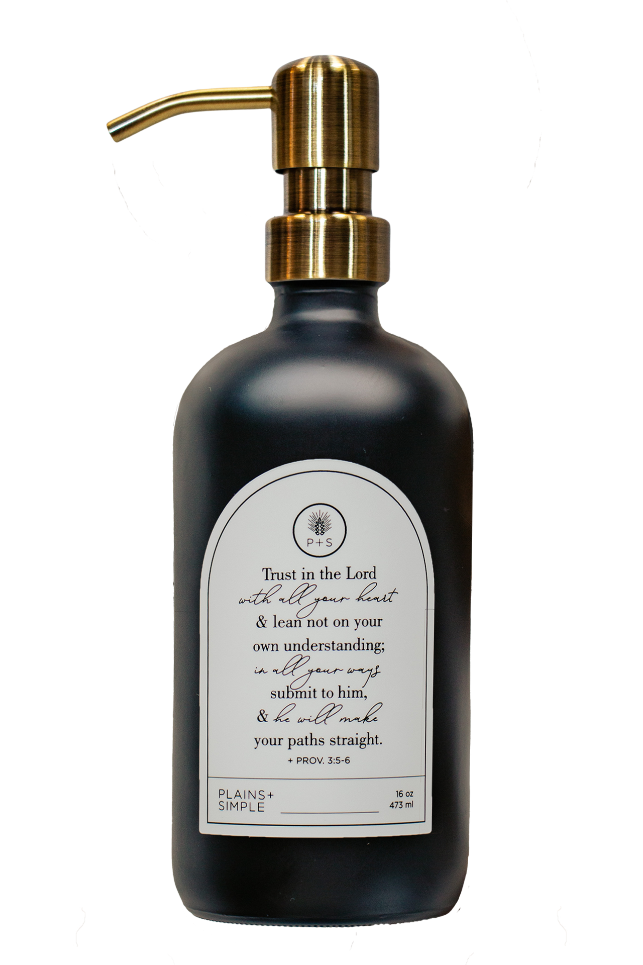 Black glass Trust multipurpose Gratitude Bottle with gold pump.