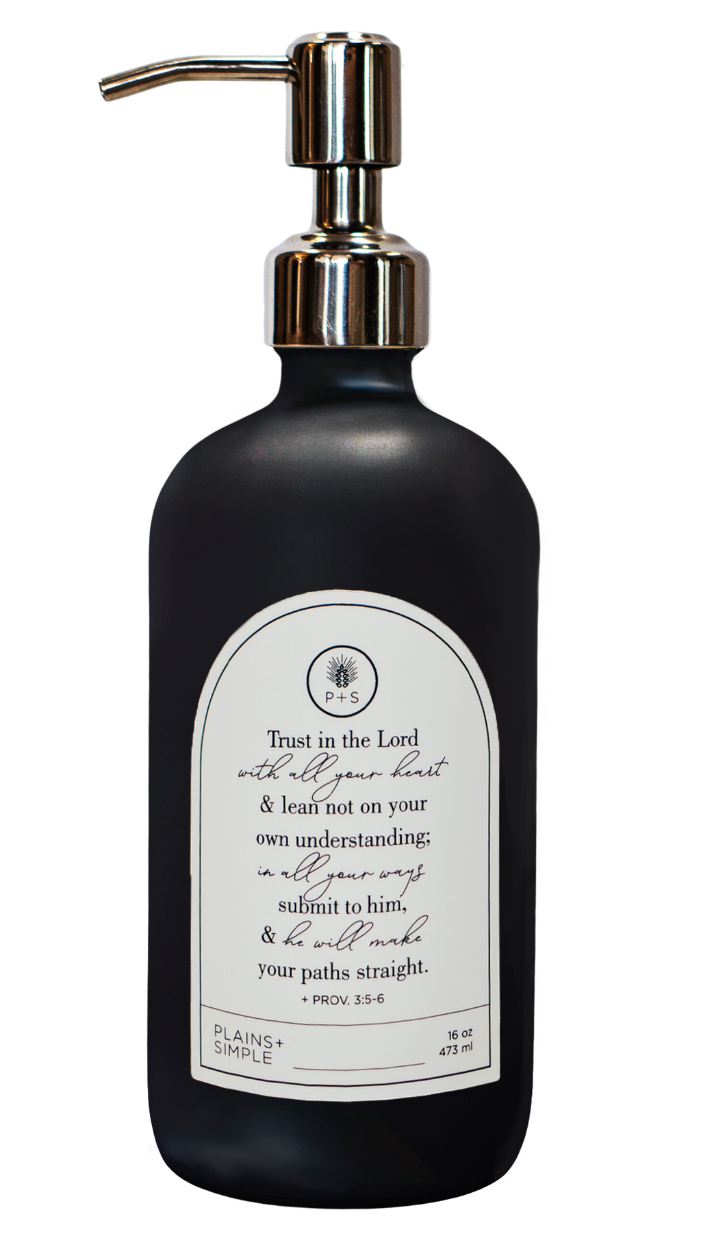 Black glass Trust multipurpose Gratitude Bottle with silver pump.