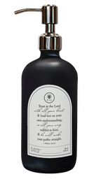Black glass Trust multipurpose Gratitude Bottle with silver pump.