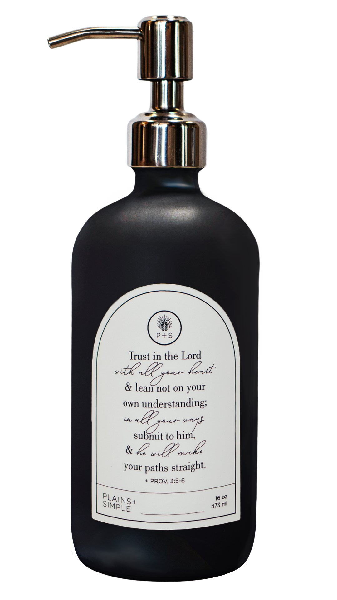 Black glass Trust multipurpose Gratitude Bottle with silver pump.